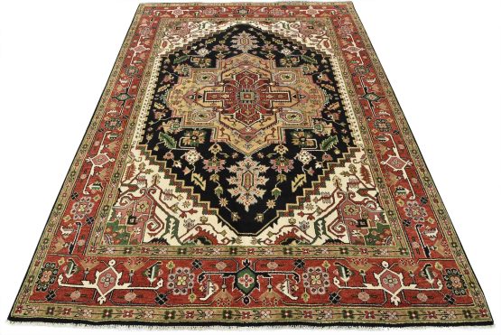 Heriz Rug 9'3'' x 12'2'' Black Wool Tribal Hand-Knotted Oriental Carpet