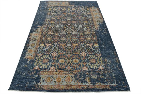 Modern Rug 10' x 14'2'' Blue Wool Traditional Hand-Knotted Oriental Carpet