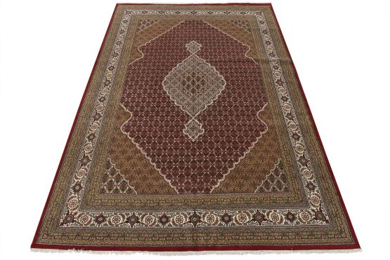 Tabriz Mahi Rug 9'10'' x 13'11'' Red Wool Traditional Hand-Knotted Carpet