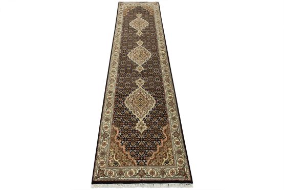 Tabriz Mahi Runner 2'9'' x 10'4'' Black Wool Traditional Hand-Knotted Rug