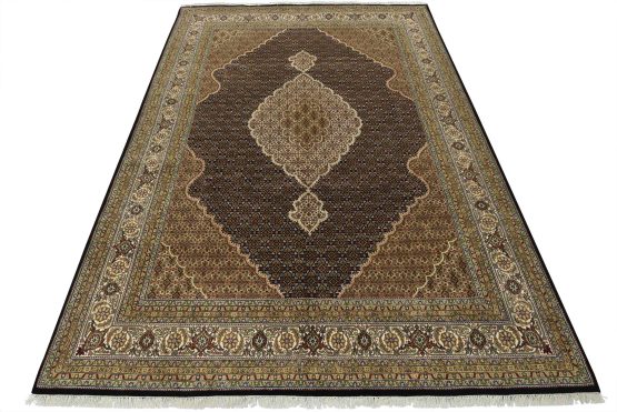 Tabriz Mahi Rug 8'9'' x 12'1'' Black Wool Traditional Hand-Knotted Carpet