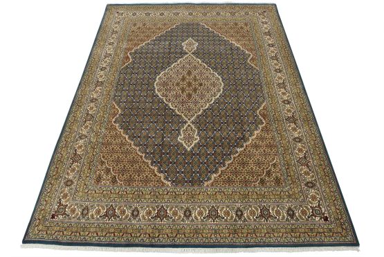 Tabriz Mahi Rug 7'11'' x 10'1'' Blue Wool Traditional Hand-Knotted Carpet