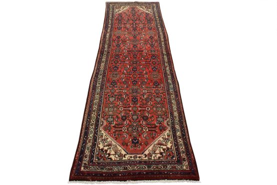 Hamedan Runner 3'5'' x 10'1'' Red Wool Semi-Antique Tribal Hand-Knotted Rug