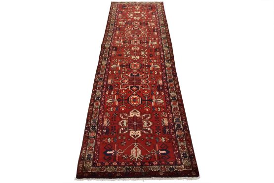 Karajeh Runner 3'7'' x 10'3'' Red Wool Vintage Tribal Hand-Knotted Oriental Rug