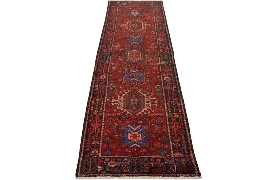 Karajeh Runner 3'6'' x 9'10'' Red Wool Semi-Antique Tribal Hand-Knotted Rug