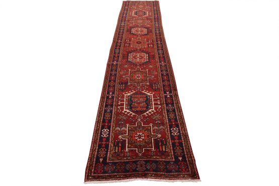 Karajeh Runner 3'8'' x 15' Red Wool Semi-Antique Tribal Hand-Knotted Rug