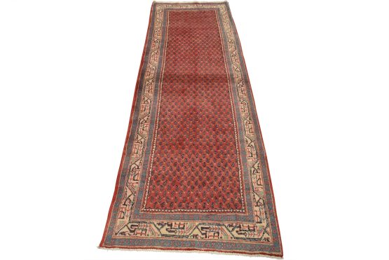 Mir Runner 3'7'' x 10'4'' Red Wool Vintage Tribal Hand-Knotted Oriental Rug