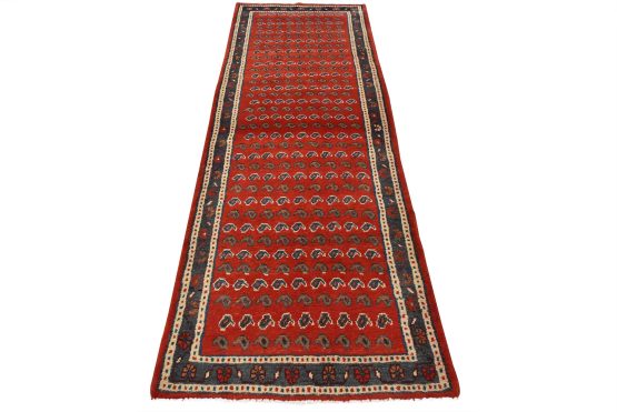Mahal Runner 3'9'' x 10' Red Wool Vintage Tribal Hand-Knotted Oriental Rug