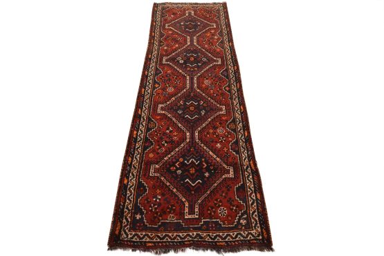 Shiraz Runner 3'4'' x 9'7'' Red Wool Vintage Tribal Hand-Knotted Oriental Rug