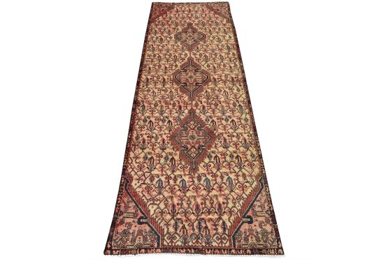 Hamedan Runner 3'3'' x 8'11'' Ivory Wool Vintage Tribal Hand-Knotted Carpet