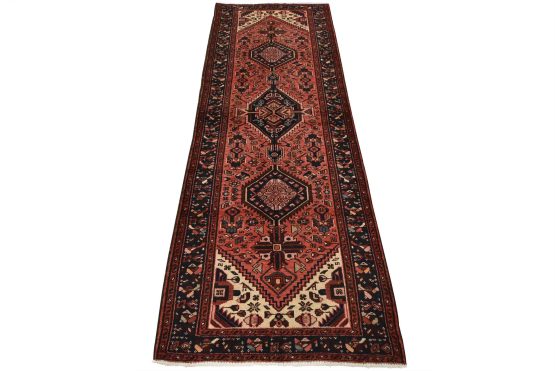 Hamedan Runner 3'7'' x 9'7'' Red Wool Vintage Tribal Hand-Knotted Oriental Rug