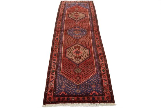 Zanjan Runner 3'6'' x 9'3'' Red Wool Vintage Tribal Hand-Knotted Oriental Rug