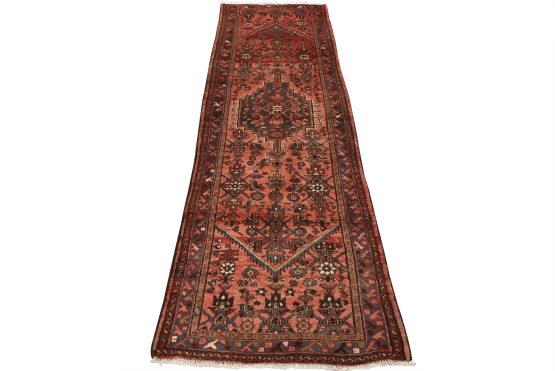 Hamedan Runner 3'6'' x 9'7'' Red Wool Vintage Tribal Hand-Knotted Oriental Rug