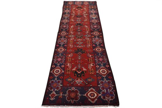 Hamedan Runner 3'6'' x 9'8'' Red Wool Vintage Tribal Hand-Knotted Oriental Rug