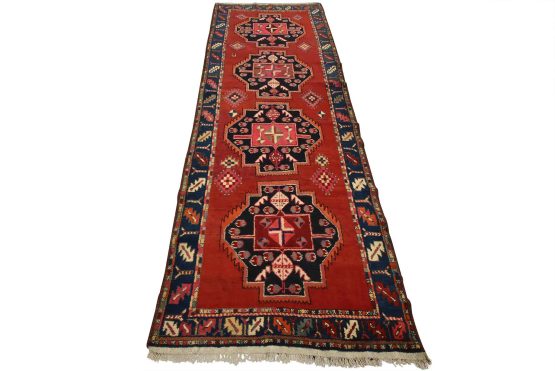 Caucasian Runner 4' x 11' Red Wool Vintage Tribal Hand-Knotted Oriental Rug