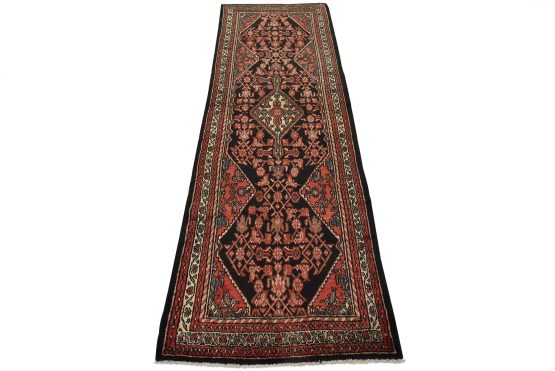 Hamedan Runner 3'6'' x 10' Black Wool Vintage Tribal Hand-Knotted Oriental Rug