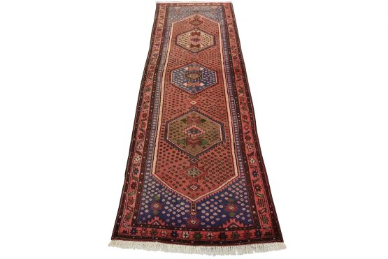 Zanjan Runner 3'4'' x 9'5'' Red Wool Vintage Tribal Hand-Knotted Oriental Rug
