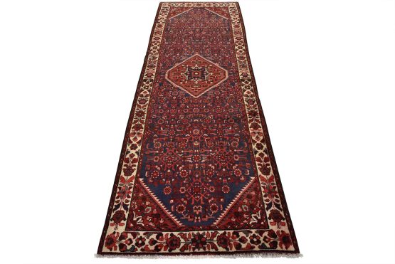Hamedan Runner 3'10'' x 10'3'' Blue Wool Semi-Antique Tribal Hand-Knotted Rug