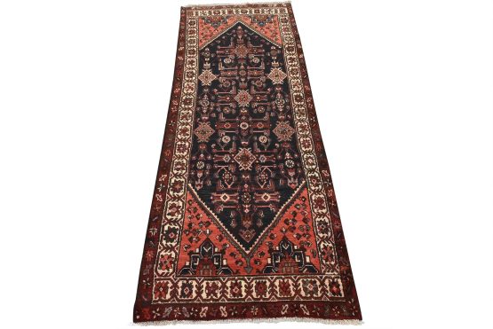 Hamedan Runner 3'6'' x 8'10'' Blue Wool Semi-Antique Tribal Hand-Knotted Rug