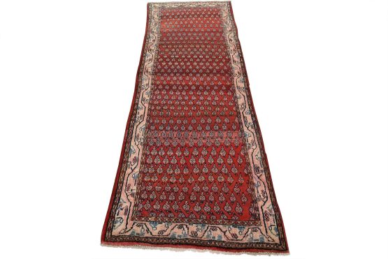 Mir Runner 3'6'' x 9'3'' Red Wool Vintage Tribal Hand-Knotted Oriental Carpet