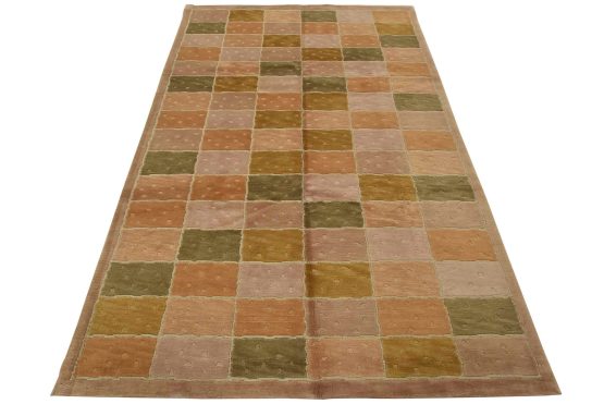 Contemporary Rug 6' x 9' Brown Wool Geometric Hand-Knotted Carpet