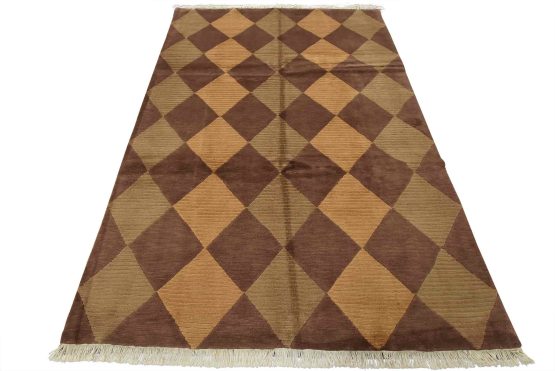 Contemporary Rug 6' x 9' Brown Wool Geometric Hand-Knotted Carpet