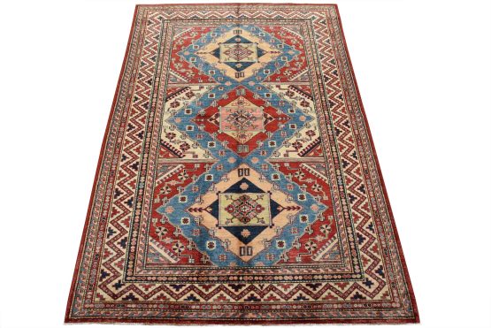 Fine Kazak Rug 4'11'' x 6'11'' Red Wool Tribal Hand-Knotted Oriental Carpet