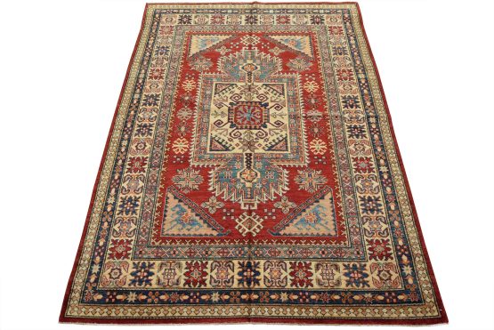 Fine Kazak Rug 5'1'' x 6'10'' Red Wool Tribal Hand-Knotted Oriental Carpet