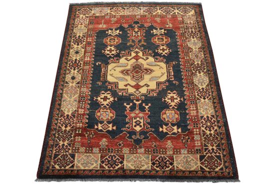 Kazak Rug 4'3'' x 5'3'' Blue Wool Tribal Hand-Knotted Oriental Carpet
