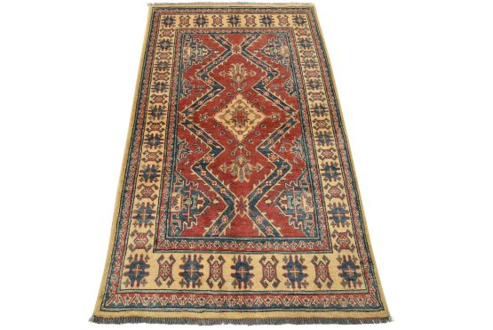 Kazak Rug 3'6'' x 6' Red Wool Tribal Hand-Knotted Oriental Carpet