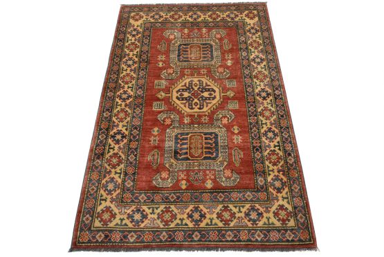 Kazak Rug 3'8'' x 5'7'' Red Wool Tribal Hand-Knotted Oriental Carpet