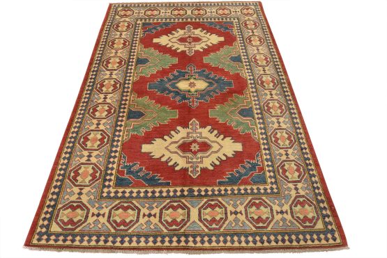 Kazak Rug 5'7'' x 7'10'' Red Wool Tribal Hand-Knotted Oriental Carpet