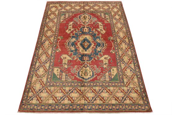 Kazak Rug 6'2'' x 8'3'' Red Wool Tribal Hand-Knotted Oriental Carpet