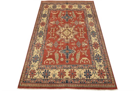 Kazak Rug 6'1'' x 8'11'' Red Wool Tribal Hand-Knotted Oriental Carpet