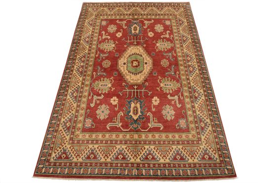 Kazak Rug 6'4'' x 9'1'' Red Wool Tribal Hand-Knotted Oriental Carpet