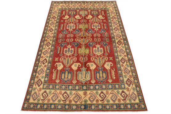 Kazak Rug 6'1'' x 9'1'' Red Wool Tribal Hand-Knotted Oriental Carpet