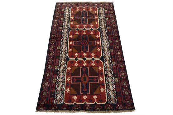 Baloch Rug 3'7'' x 6'2'' Red Wool Vintage Tribal Hand-Knotted Oriental Carpet