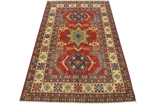 Kazak Rug 6'1'' x 8'11'' Red Wool Tribal Hand-Knotted Oriental Carpet