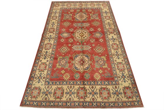 Kazak Rug 5'4'' x 8'6'' Red Wool Tribal Hand-Knotted Oriental Carpet