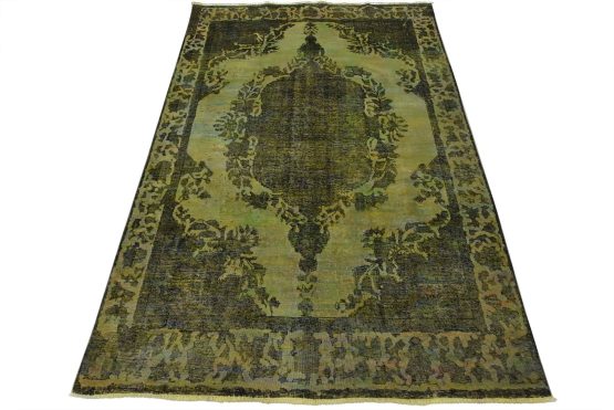 Tabriz Rug 6'8'' x 9'9'' Green Wool Vintage Overdyed Hand-Knotted Carpet