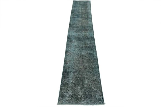 Tabriz Runner 2'3'' x 11'8'' Blue Wool Vintage Overdyed Hand-Knotted Rug