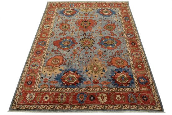 Fine Oushak Rug 7'10'' x 9'7'' Blue Wool Traditional Hand-Knotted Carpet