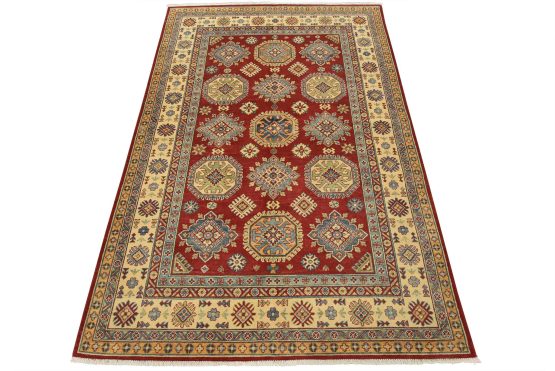 Kazak Rug 6'1'' x 9'1'' Red Wool Tribal Hand-Knotted Oriental Carpet