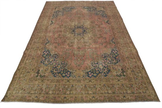 Tabriz Rug 9'6'' x 12'3'' Pink Wool Vintage Distressed Hand-Knotted Carpet