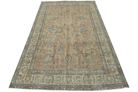 Tabriz Rug 7'10'' x 11'2'' Pink Wool Vintage Distressed Hand-Knotted Carpet