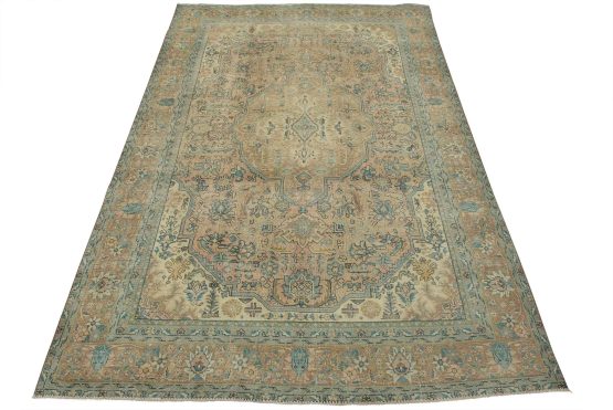 Tabriz Rug 7'8'' x 10'7'' Pink Wool Vintage Distressed Hand-Knotted Carpet