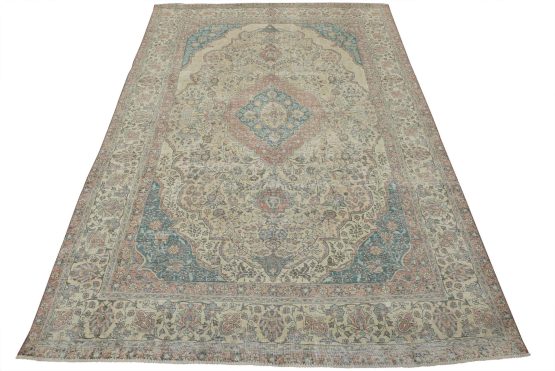 Tabriz Rug 8'2'' x 10'10'' Ivory Wool Vintage Distressed Hand-Knotted Carpet