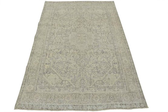 Tabriz Rug 6'6'' x 9'3'' Beige Wool Vintage Distressed Hand-Knotted Carpet