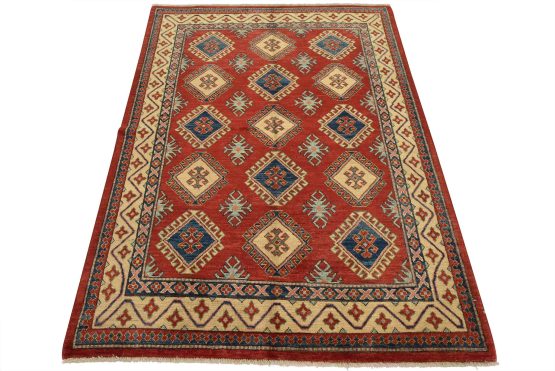 Kazak Rug 5'1'' x 6'9'' Red Wool Tribal Hand-Knotted Oriental Carpet