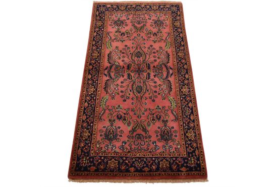 Fine Sarouk Rug 2'11'' x 5'3'' Pink Wool Traditional Hand-Knotted Carpet
